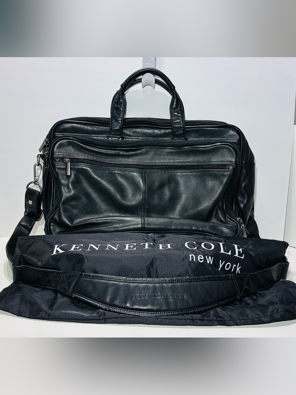 Y2K VTG Kenneth Cole New York Expandable Leather Laptop Briefcase Bag Black